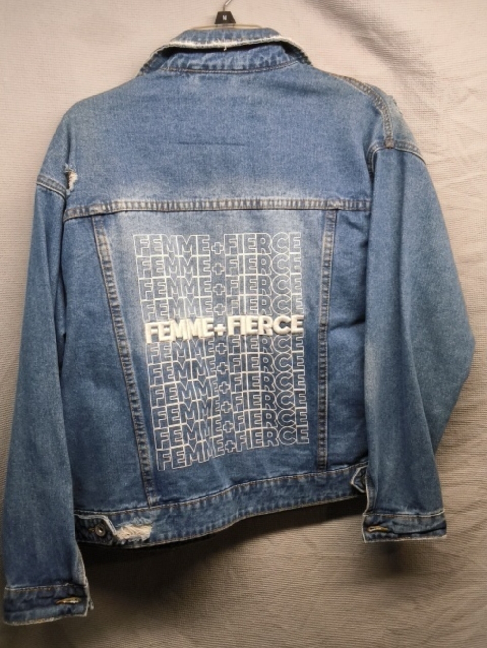 Cotton On Blue Denim Jacket FEMME+FIERCE passionately Printed Backside Size 6